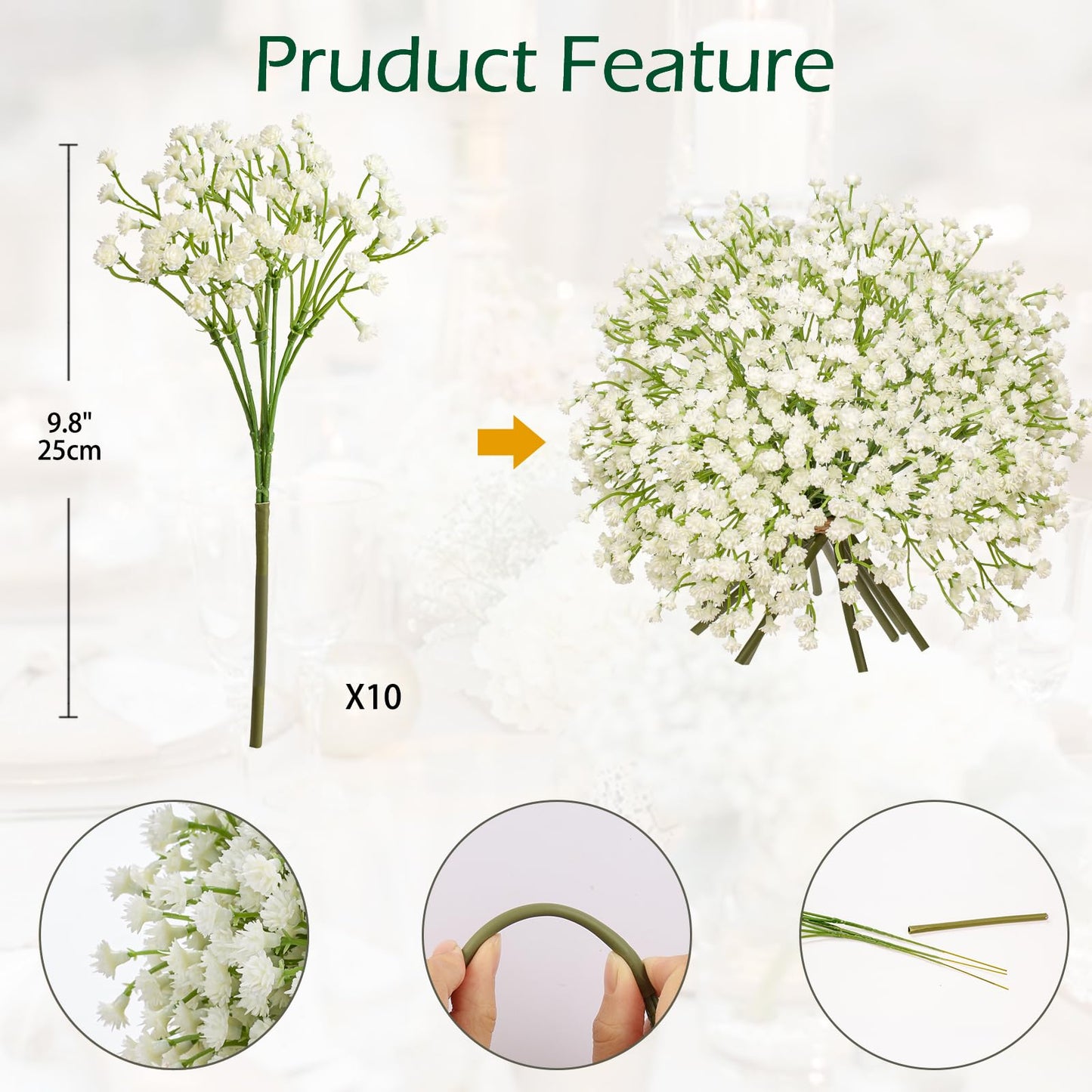 Baby's Breath Artificial Flowers Bulk 10 Pack (30pcs) Faux Baby Breath Plastic Flower Fake Gypsophila Flower Arrangement for Crafts Fake Flowers Bouquet for Wedding Centerpieces Cream Baby Breath