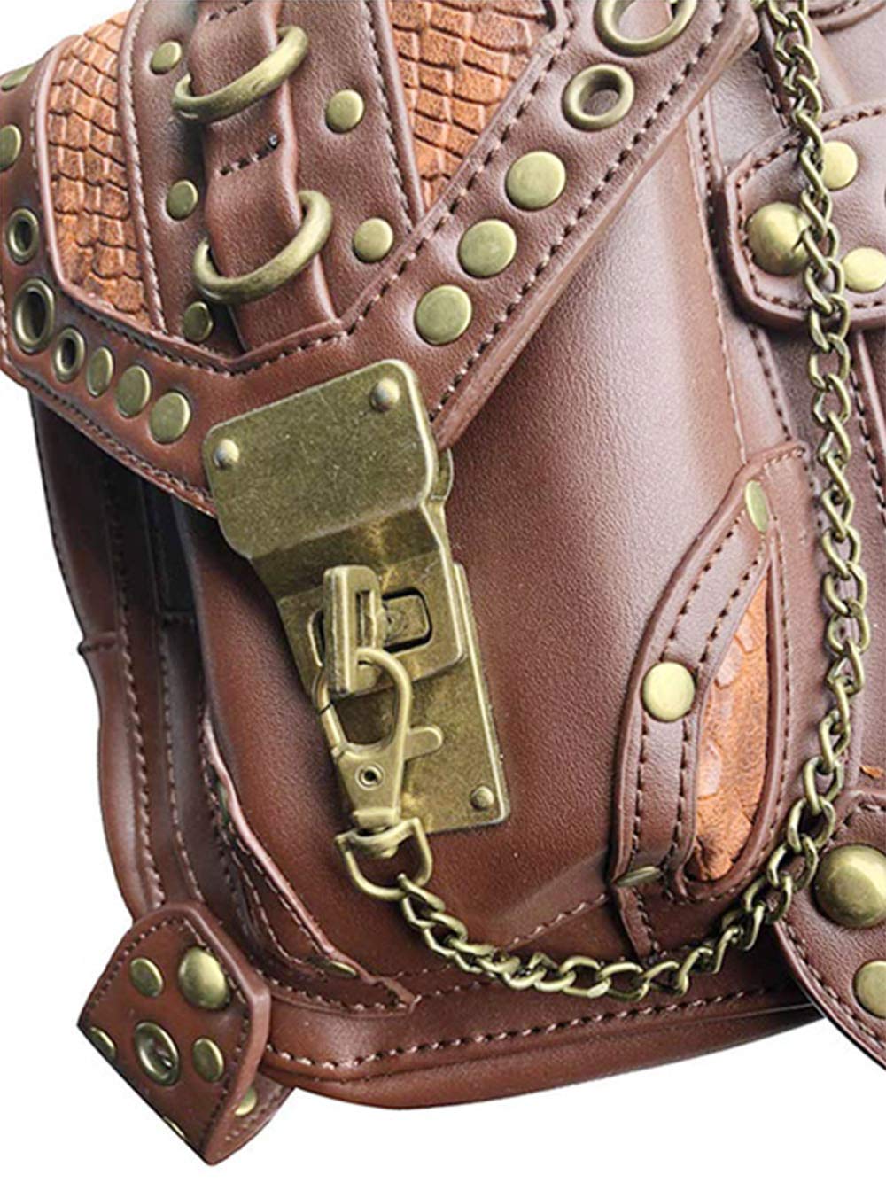 Steampunk Waist Bag Fanny Pack Fashion Gothic Leather Shoulder Crossbody Messenger Bags Thigh Leg Hip Holster Purse Travel Pouch Hiking Sport Chain Bags for Women Men brown