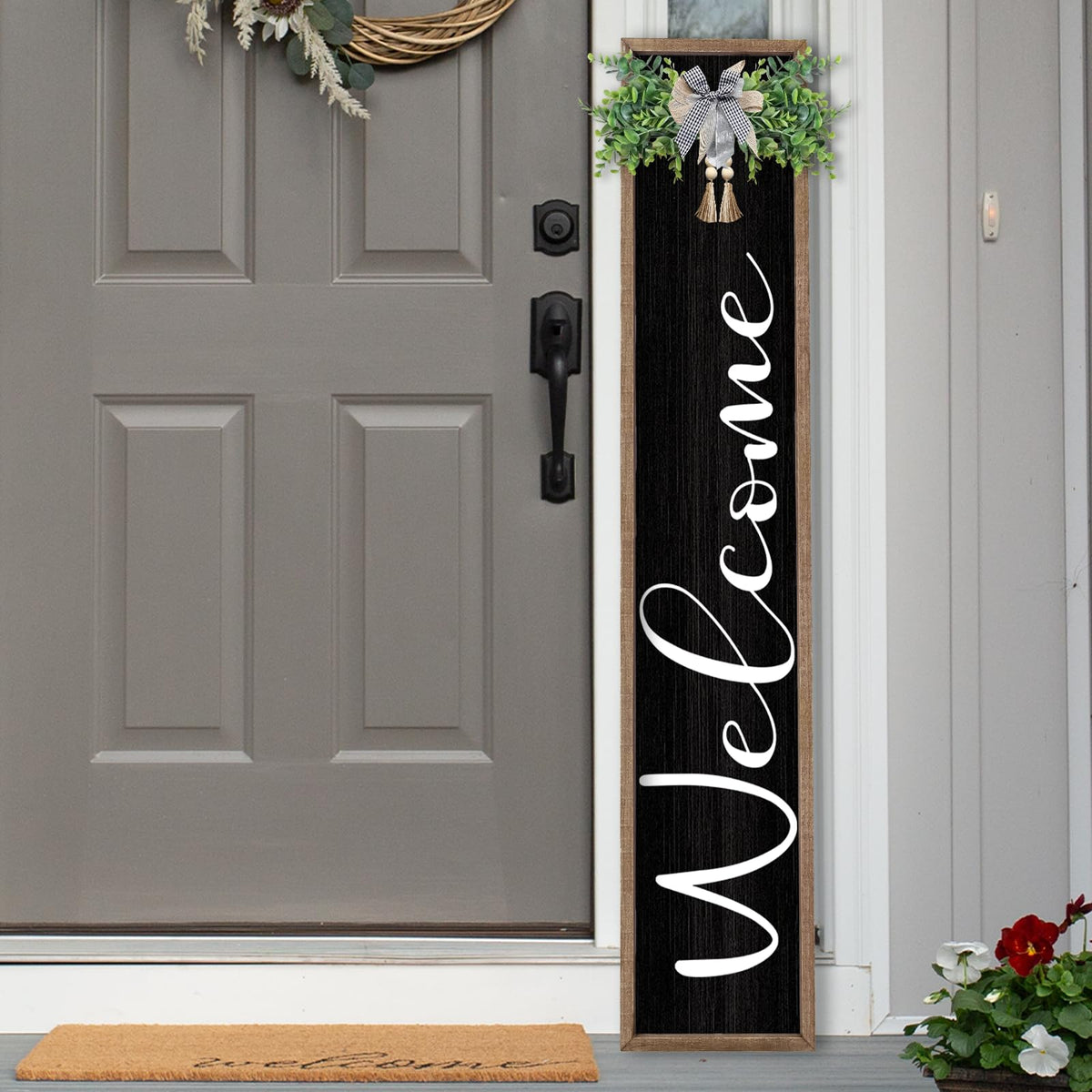 LuZhiQiang Front Porch for Welcome Standing Sign 45"X9" Vertical Tall Long Leaner Wood Framed Outdoor Front Door Sign Decor (Wood Black)