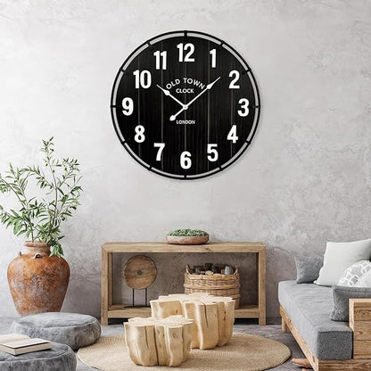 Farmhouse Black 30 Inch Wooden Large Wall Clock, Silent Non-Ticking Quartz Movement, Battery Operated Modern Rustic Clock for Living Room, Kitchen, Office, Home Decor