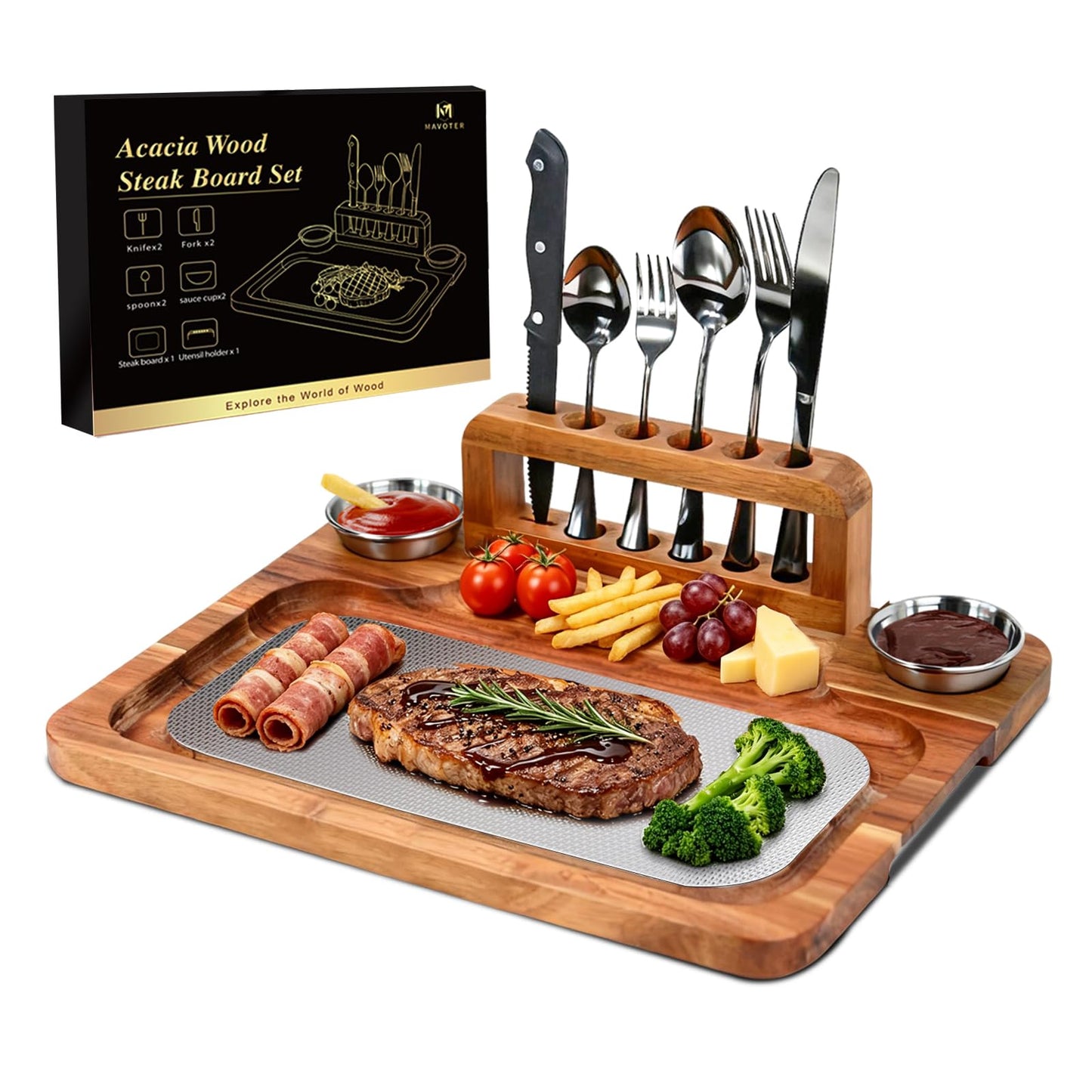 Acacia Wood Steak Board Set,16.5" Magnetic Charcuterie Board with Stainless Steel Scratch-Proof Cutting Surface Wooden Serving Platter with Cutlery & Sauce Cup for BBQ Dinner Party Housewarming Gift