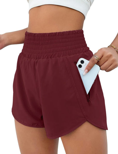 BMJL Women's Athletic Shorts High Waisted Running Short Pocket 2.5" Sporty Shorts Gym Elastic Workout Shorts(L,Wine Red)