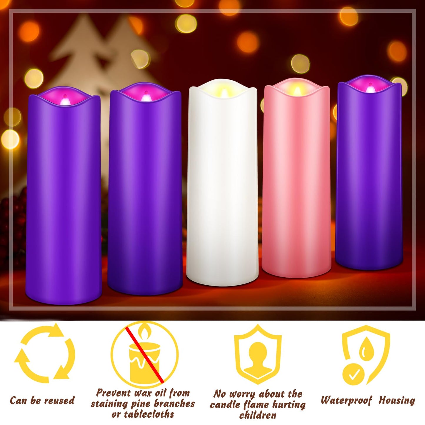 Mudder 5 Pcs Christmas Advent Pillar LED Flameless Candles - Purple, Pink, White Taper Candles for Wreath