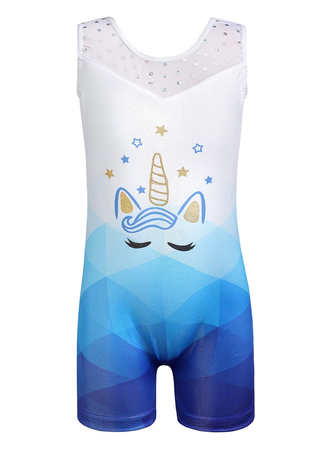 Belovance Leotards for Girls Gymnastics Unicorn Athletic Dance Wear Shiny Rainbow Blue Hotpink (White Blue, 6-7 Years)