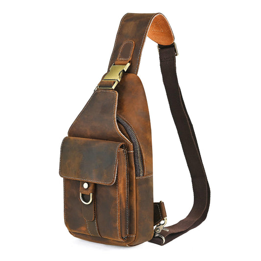 Handadsume Genuine Leather Hiking Travel DayPack Sling Crossbody Triangle Chest Pack Bag For Men Women 8241 (Coffee 258204)
