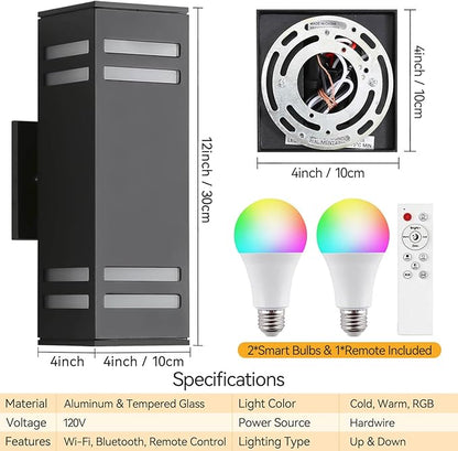 Smart Outdoor Wall Lights, RGBCW Dusk to Dawn Exterior Light Fixture Color Changing Porch Lights with Remote Control, Waterproof Square Outdoor Sconce Lights Works with Alexa Google Assistant