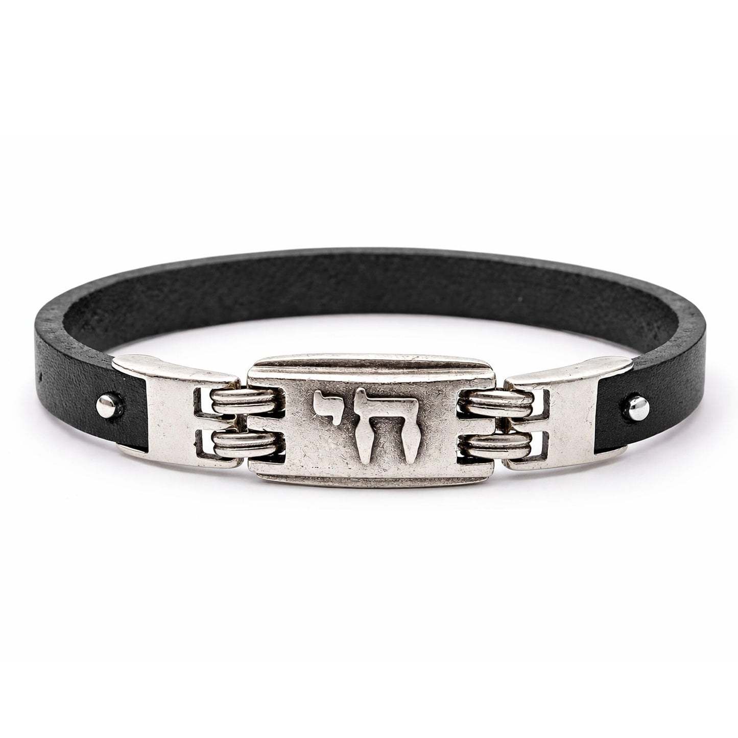 Alef Bet by Paula Chai Leather Bracelet for Men and Boys - Genuine Black Leather with Silver Plated Hebrew Chai Charm - Symbol of Life - Adjustable Bar Mitzvah Gift