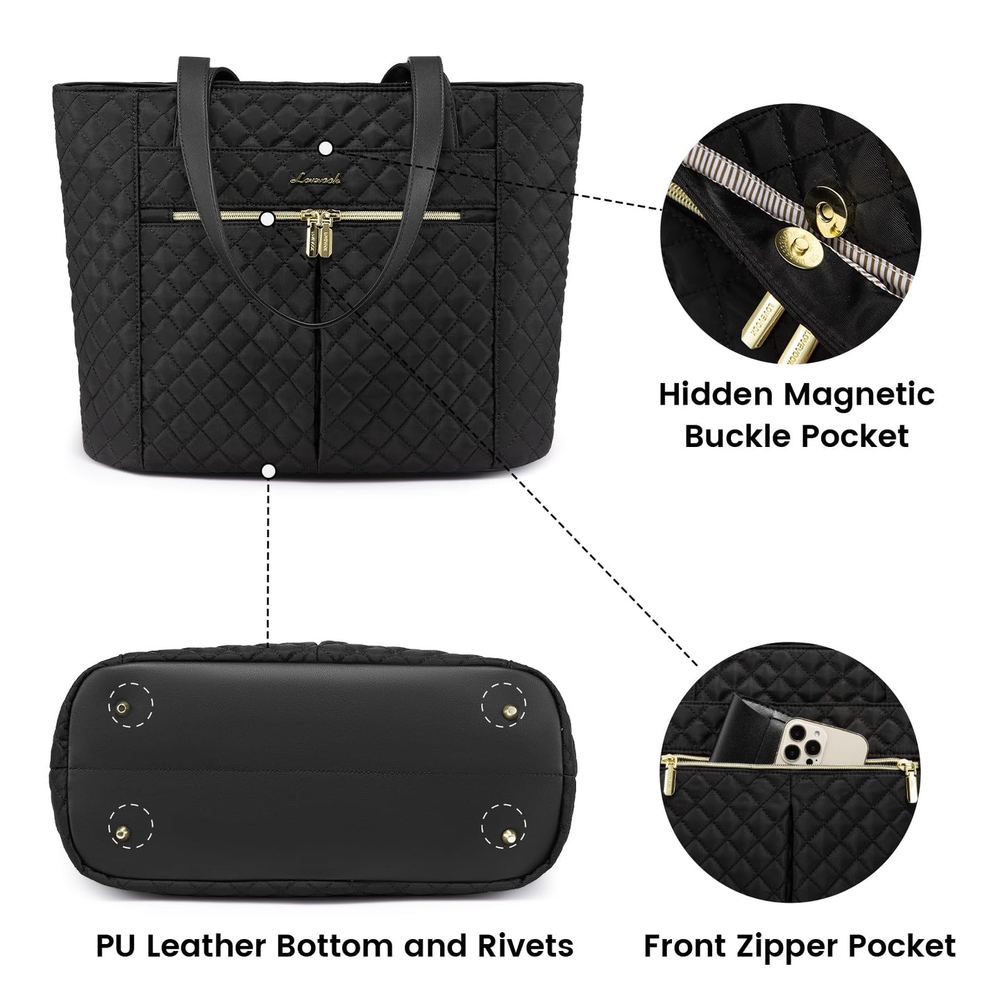LOVEVOOK Laptop Bag for Women 15.6 inch,Diamond Quilted Work Tote Bags Womens Laptop Tote Computer Shoulder Bags,Stylish Travel Tote Bags Laptop Purse Case Briefcase Handbag with Clutch Bag,Black
