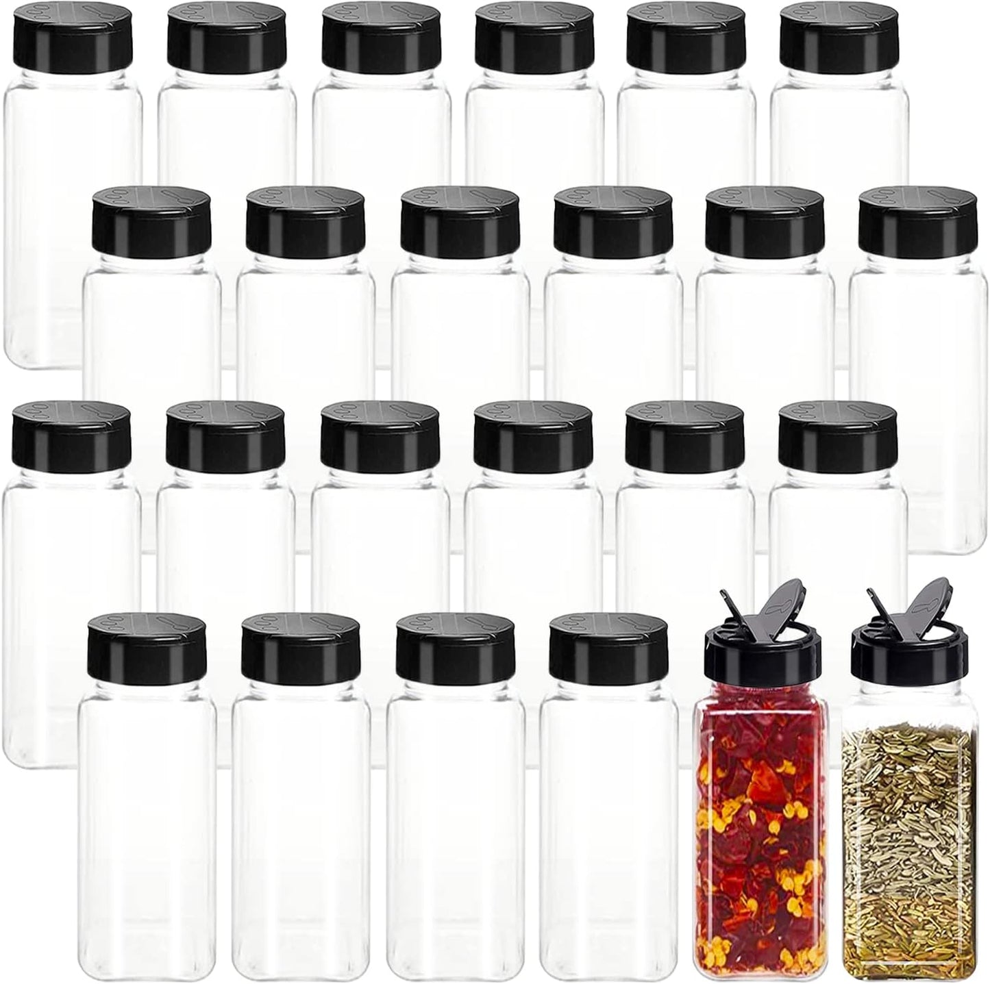 24 Pack 3.5 oz Square Plastic Spice Jars,Seasoning Containers with Black Screw Lids to Pour or Shake,Empty Storage Spice Containers for Spice,Powders,Peppers