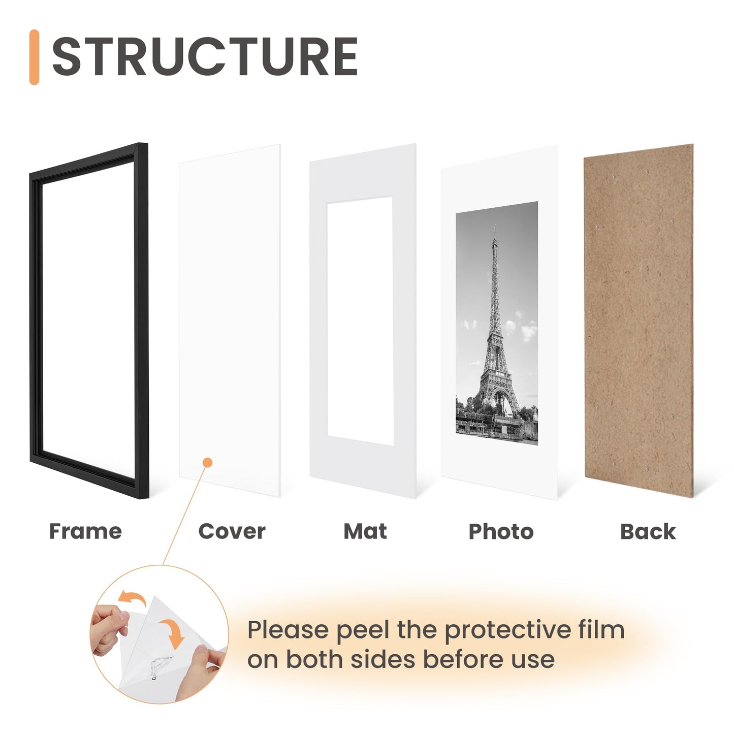 upsimples 8x10 Picture Frame Set of 5, Display Pictures 5x7 with Mat or 8 x 10 Without, Wall Gallery Photo Frames, Black