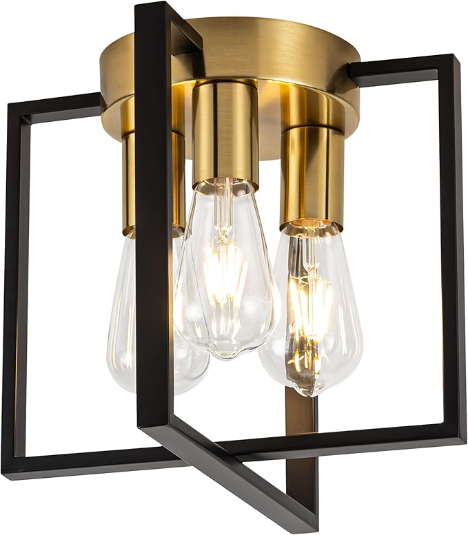 Modern Cube Frame Ceiling Light Fixture, 3 Bulbs, Black and Gold Finish, for Entryway Porch Hallway Stairway Garage Living Room Dining Room Balcony