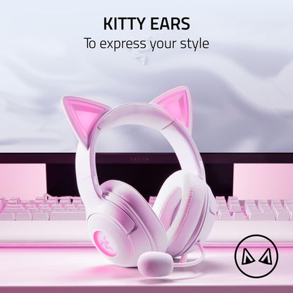 Razer Kraken Kitty V2 USB Wired Headset: Chroma RGB Kitty Ears - Stream Reactive Lighting - HyperClear Cardioid Mic - 40 mm Drivers - 7.1 Surround Sound - Comfortable Ear Cushions - White