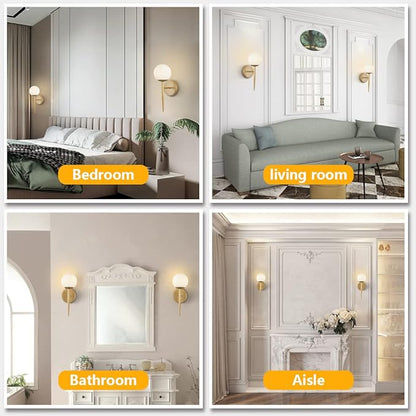 BOKT Mid Century Modern Globe Wall Sconce Set of Two Brushed Brass Bathroom Wall Sconce Light Set of 2 Frosted White Glass Gold Wall Lamp 2-Pack Bedroom Wall Lights (White)
