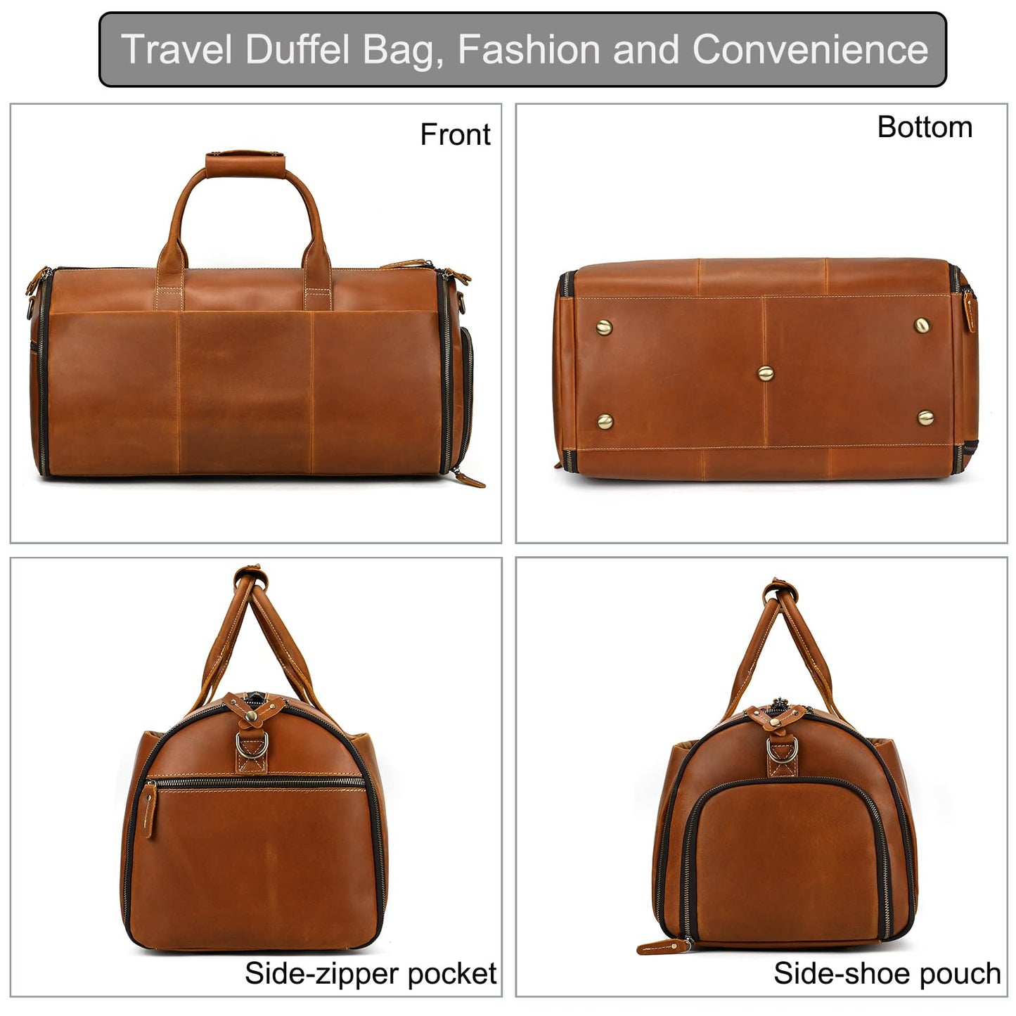 LUUFAN Full-grain Leather Garment Bag Large Capacity Travel Bag Business Suit Carrier Bag with Shoe Compartment, Overnight Gym Sports Duffel Bags for Men Women, Light Brown