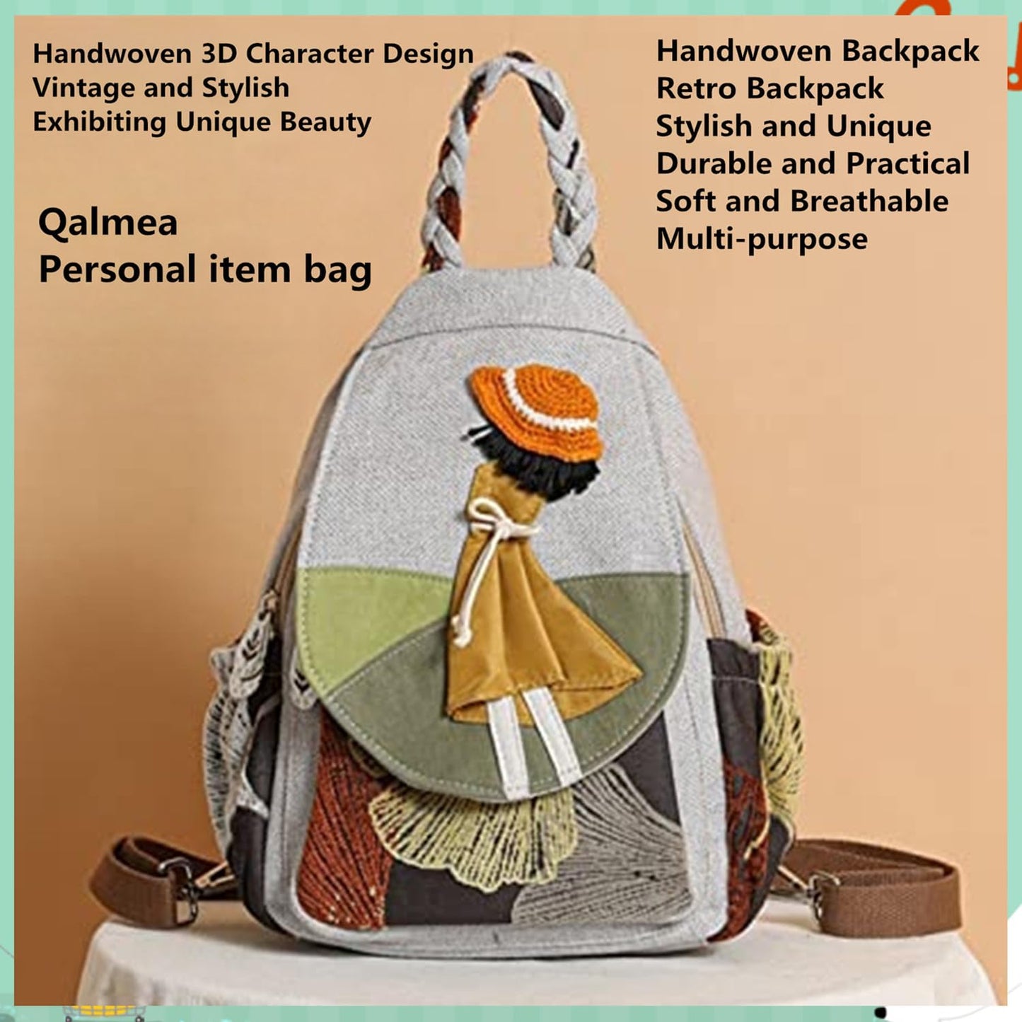 Qalmea Casual Mini Daypack for Girls Small Backpack for Women，Girl's Convertible Sling Bag Handmade Canvas Bags（Floral Patterns）