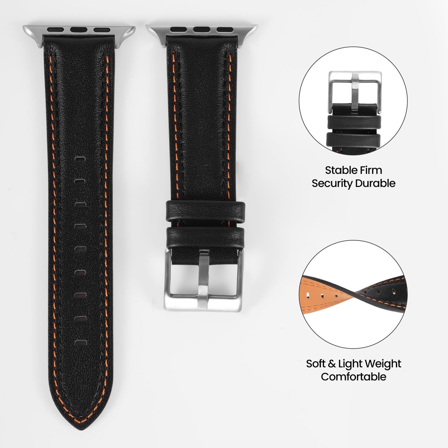 Soft Genuine Leather Band for Apple Watch 49mm 46mm 45mm 44mm 42mm - Women/Men Vintage Retro Replacement Wristband Strap with Metal Buckle for iWatch Ultra 3/2/SE/Series 11/10/9/8/7/6/5/4/3 - Black