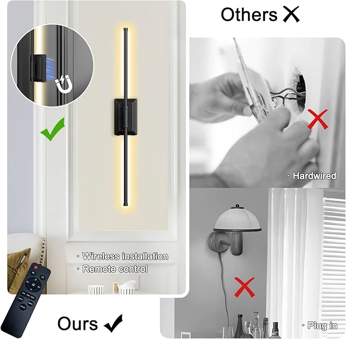 Battery Operated Wall Light Set of 1 - Black Picture Wireless Led Plug In Walls Sconce Fixture Indoor - Art Decor Bathroom Sconces Rechargeable - Modern Bedroom Cordless Lights Fixtures with Remote