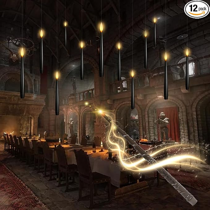 Flameless Floating Candles with Wand，12 Pcs Magic LED Hanging Taper Candles，Flickering Battery Operated Taper Candle with Wand Remote for Halloween Decorations Best Gift（Black）