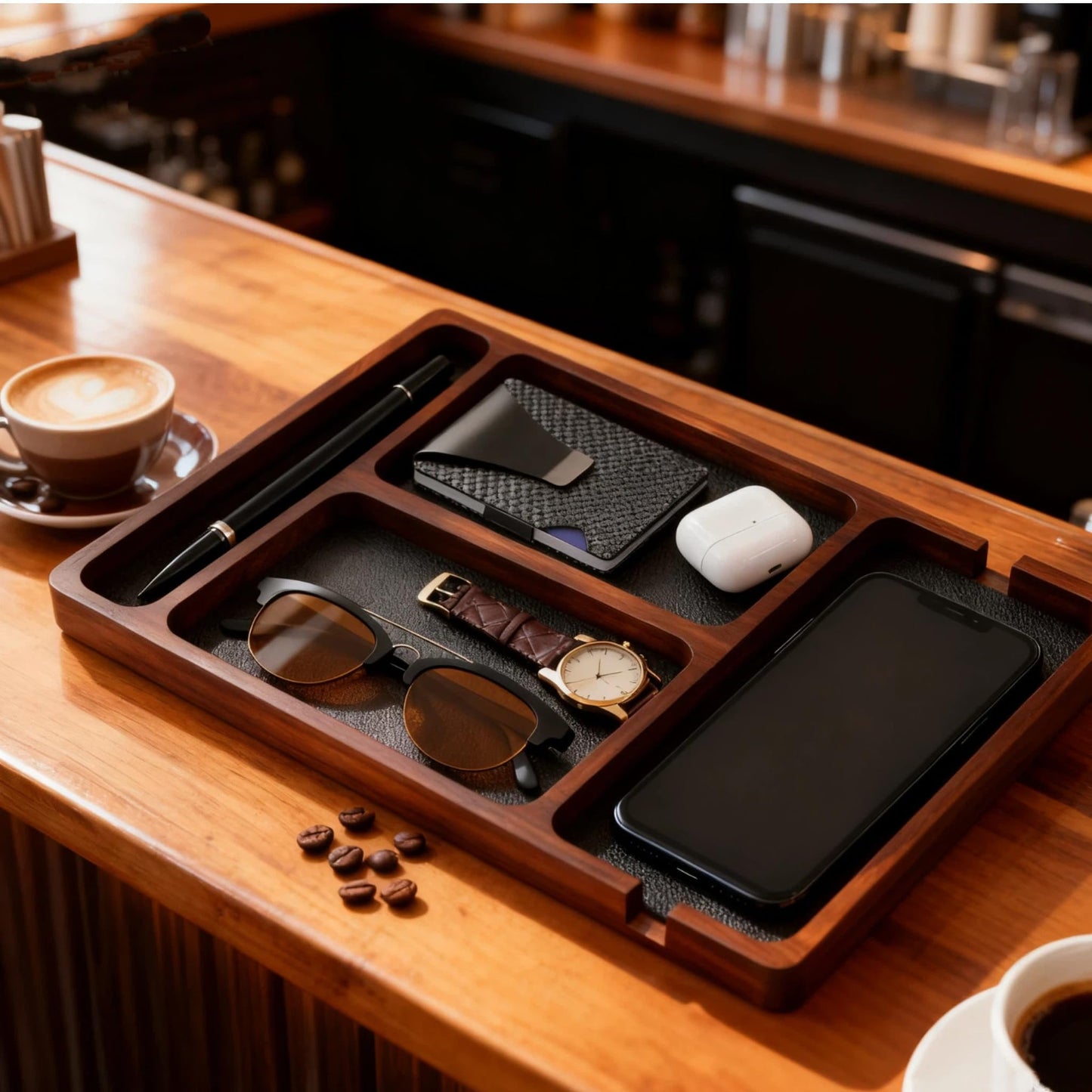 Wooden Valet Tray with Leather Inlay, Office Desk Organizer Tray, Nightstand Storage Tray, Multi-Purpose EDC Jewelry Storage Tray for Keys, Wallet, Watch, Phone & Earbuds (wood)
