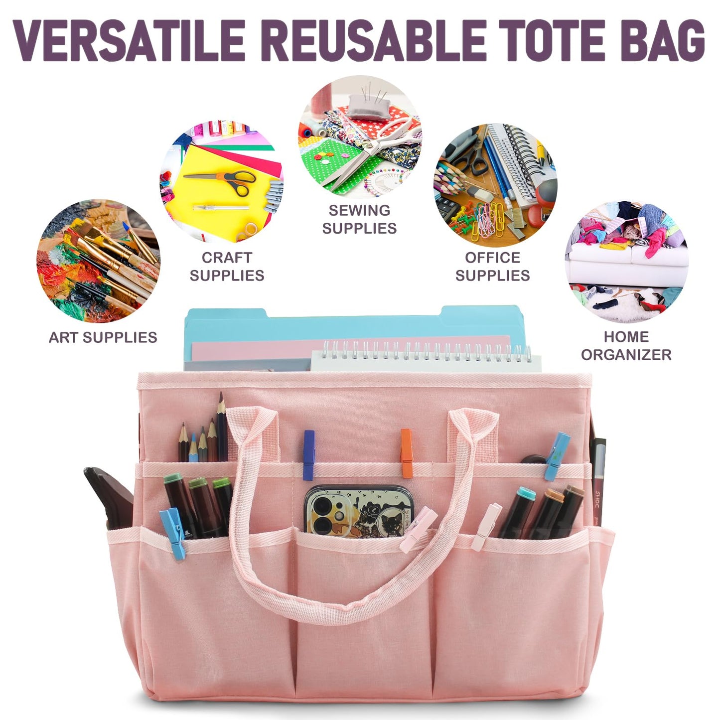 Cupohus Art Organizer Craft Storage Tote Bag with Pockets and Handles, Oxford Fabric Carrying Caddy for Teacher, Officer, Artist, Traveler, and more –Pink