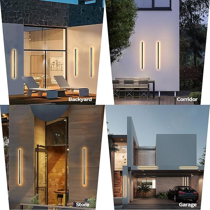 2 Pack 59 Inch Modern Outdoor Wall Light, 3000K Linear Exterior Wall Sconce Ip65 Waterproof Black LED Long Outdoor Wall Mount Lights for House Garage Porch Patio