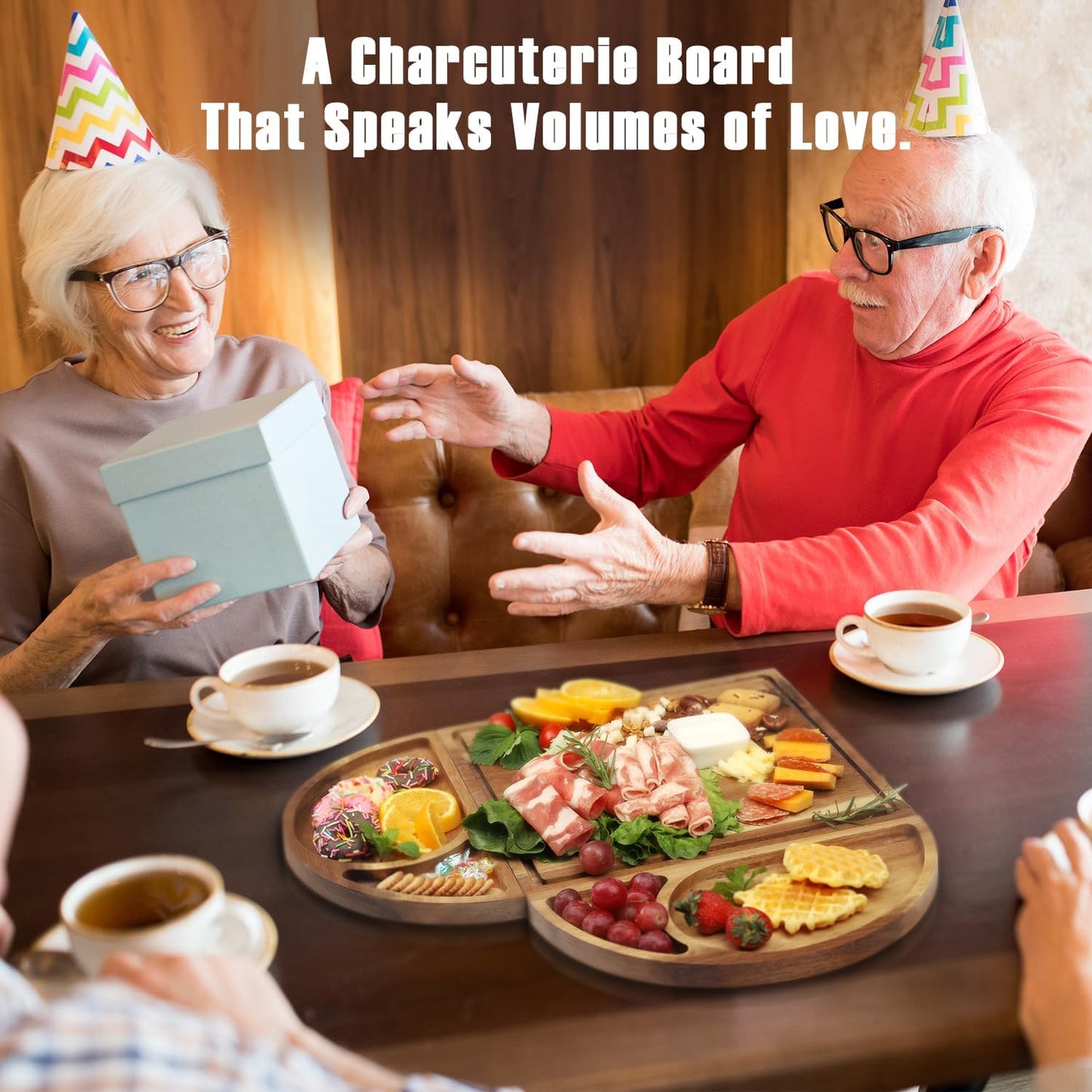 Extra Large Magnetic Charcuterie Board Cheese Board Gift Set 3 Part Square & Round & Heart Shaped Charcuterie Cheese Boards Wooden Tray Serving Board Platter for Valentine (Acacia-Wood)