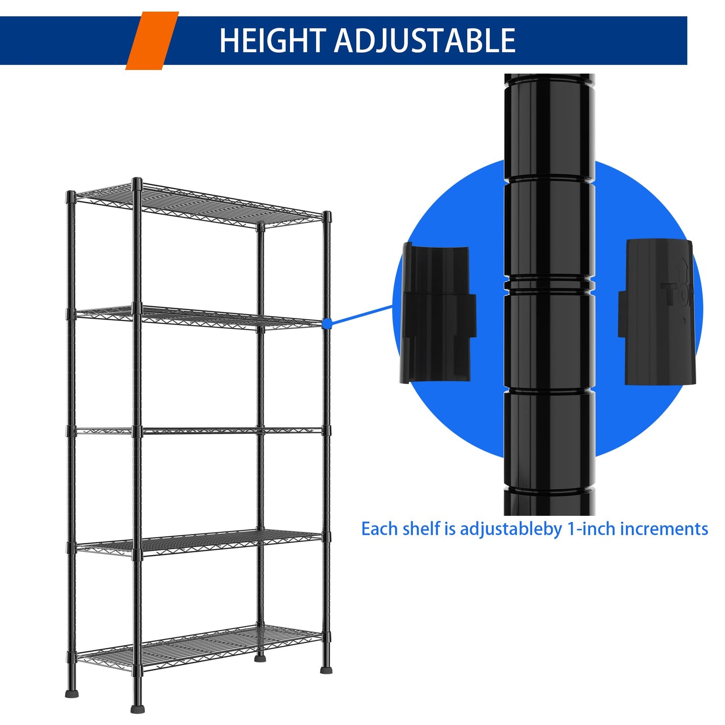 REGILLER 5-Wire Shelving Metal Storage Rack Adjustable Shelves,Standing Storage Shelf Units for Laundry Bathroom Kitchen Pantry Closet(Black,11.8" D x 16.6" W x 53.5" H)
