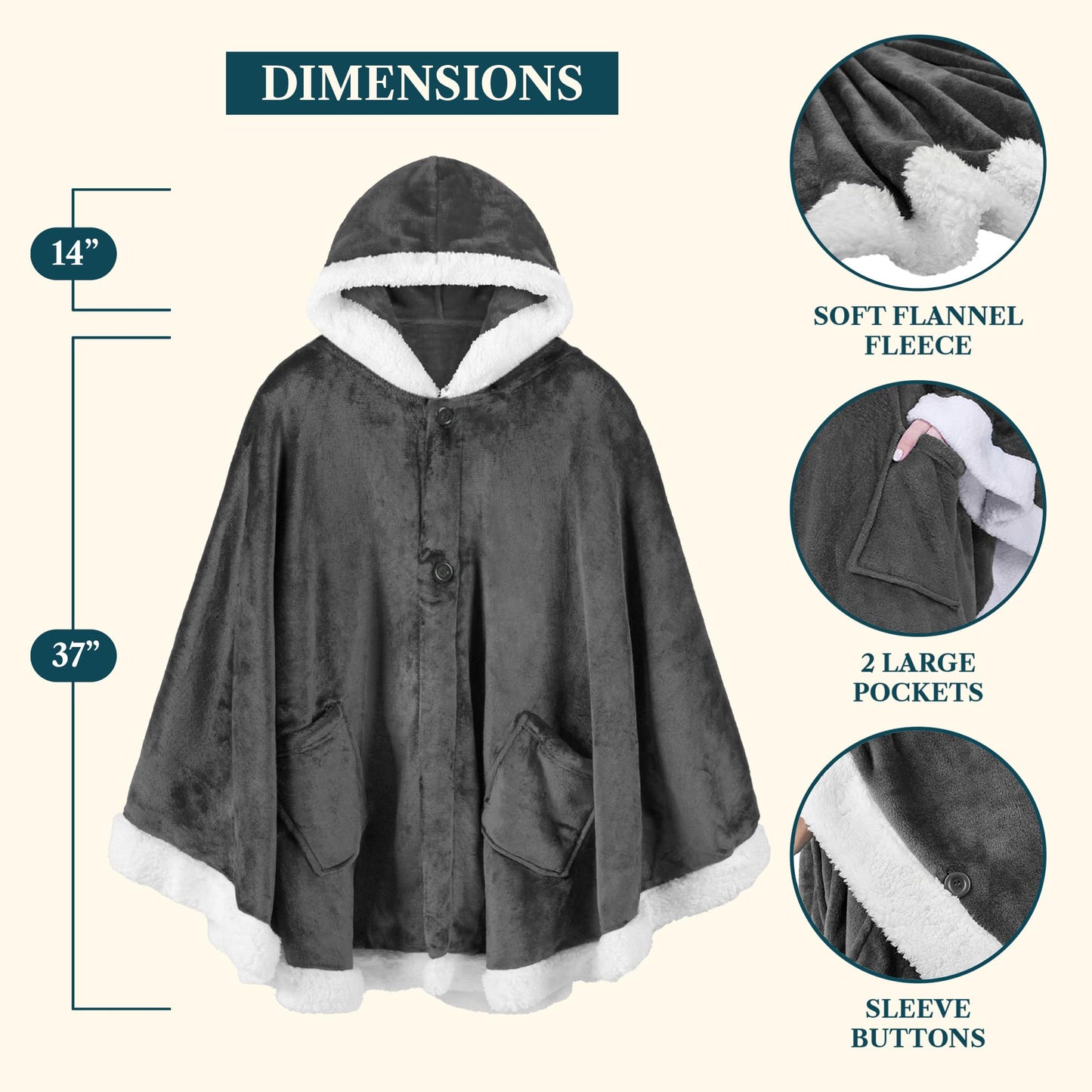 PAVILIA Hooded Blanket Poncho, Women Fleece Shawl Wrap with Hood, Wearable Blanket Cozy Warm Poncho Cape Throw with Pockets, Gift for Elderly Mom, Dark Gray