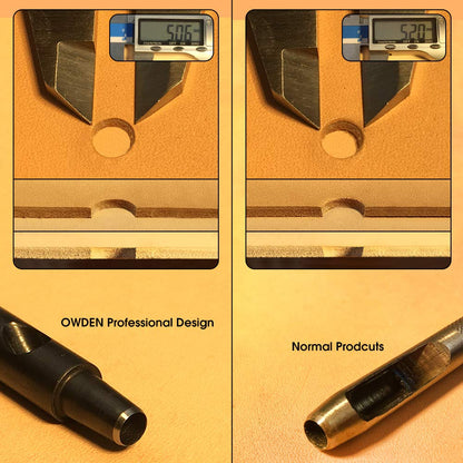 OWDEN Professional 6pc Leather Hollow Punch Set, Size 1.0-5.0mm, Black, Steel, Manual, 6 Holes, Free Mini Cutting Mat