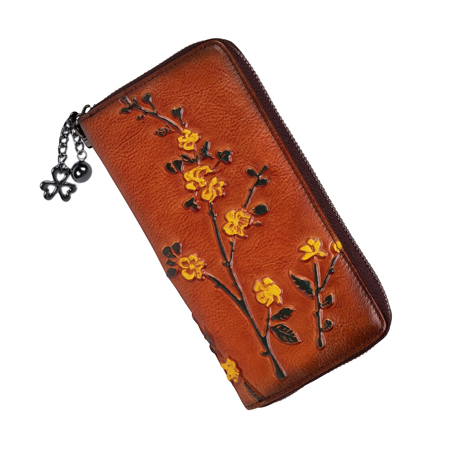 SHARPAD Wallet Genuine Leather for Women - with RFID Blocking Card checkbook ID Slot Large Capacity Vintage style (flower brown)
