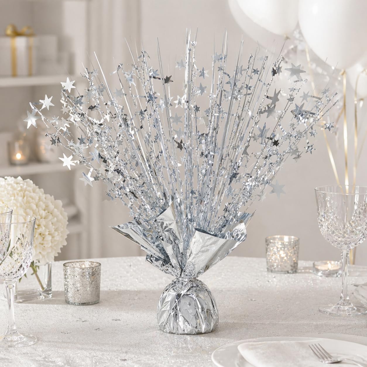 4 Pack Metallic Foil Spray Centerpiece Stars for Wedding, Birthday, Anniversary, Christmas Table Decor, Holiday Festival Baby Shower Graduation Mantle Party Decorations (Silver)