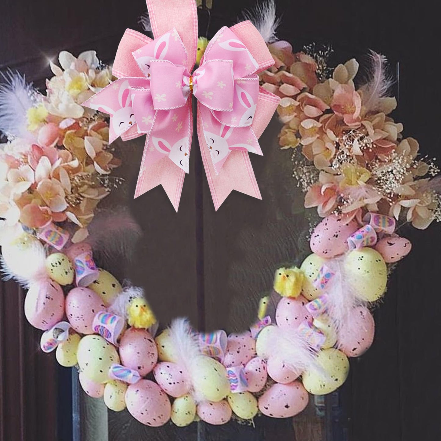 SIMISI RIBBON Easter Wreath Bow Basket Yellow Egg Bows Door Wall Ornaments for Home Decor, Easter Party (9.5 x 13 inch)