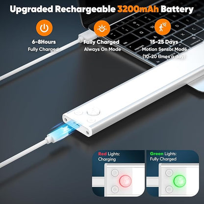 Brightever Under Cabinet Lights, 14-Inch Rechargeable Battery Operated Motion Sensor Lights Indoor, 3200mAh Wireless Magnetic Dimmable Under Closet Counter Night Lights for Kitchen Stair, 3 Packs