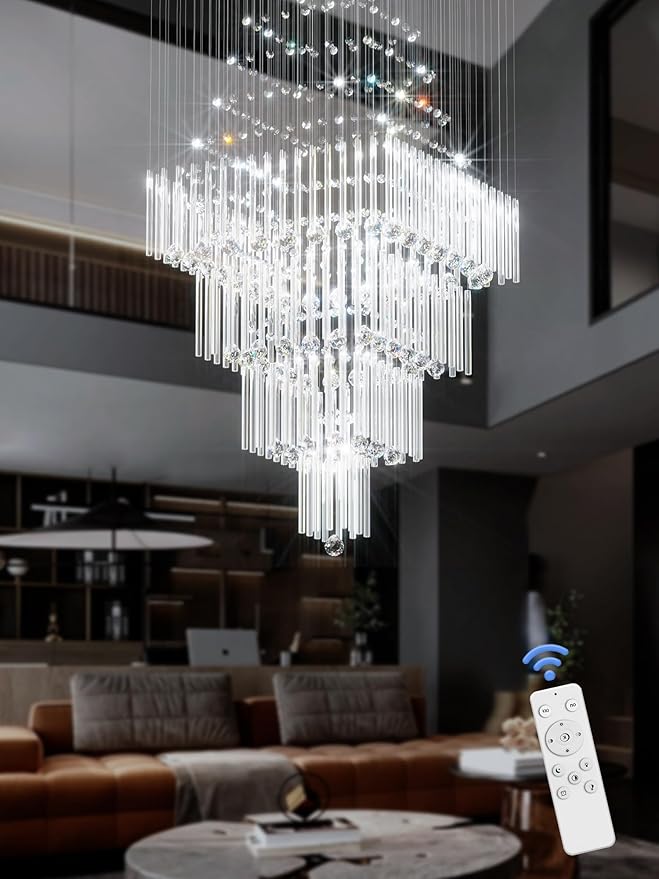 Flashing God D32''X H110'' Extra Large Chandeliers for High Ceilings Square Crystal Raindrop Gold Chandeliers Large Villa Chandelier Entrance Foyer Ceiling Light LED Dimmable 2700K-6000K