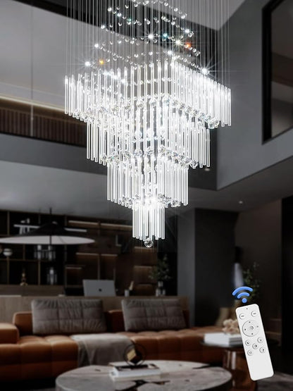 Flashing God D32''X H110'' Extra Large Chandeliers for High Ceilings Square Crystal Raindrop Gold Chandeliers Large Villa Chandelier Entrance Foyer Ceiling Light LED Dimmable 2700K-6000K
