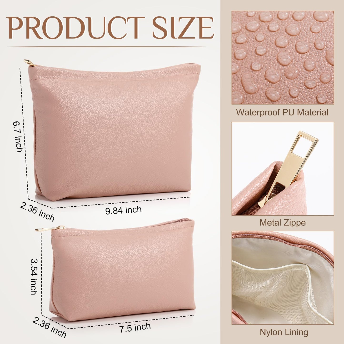 Kigeli 2 Pcs Small Makeup Bag Set for Purse PU Leather Cosmetic Bag Makeup Travel Toiletry Pouch Aesthetic Preppy Organizer Storage Pouch Gift for Teacher Mother Day Women(Pink)