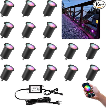 Wi-Fi Smart LED Outdoor Deck Lights, RGB Φ1.18in Low Voltage 12V DC IP67 Waterproof, Timer Voice Music Color Changing, Compatible with Aleax Google Assistant, Stair Step Lighting 16 Pack Black