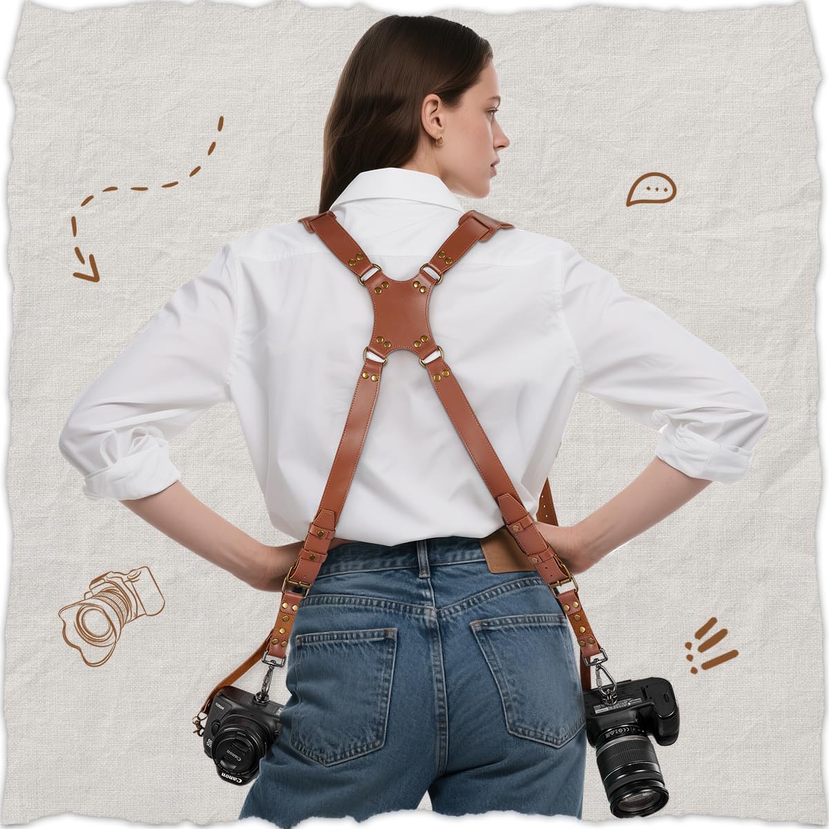 Jumyee Double Camera Harness Strap for 2 Cameras, Adjustable Shoulder Leather Camera Strap for Photographers, Professional Camera Harness for DSLR/SLR for Wedding, Wild, News(Brown Stitched)