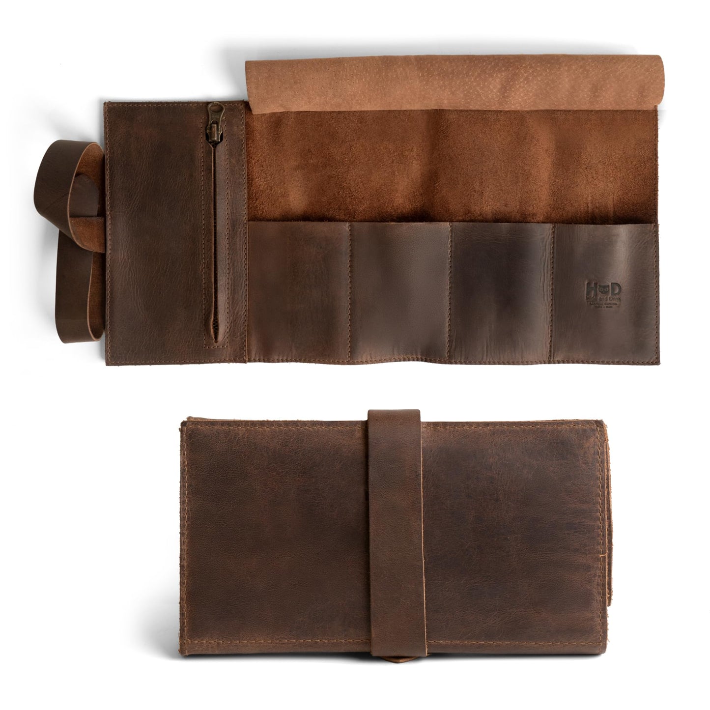 Hide & Drink, Watch Roll Organizer with Zippered Pouch, Easy Carry On Watchlover Storage, Travel Essentials Gift, Full Grain Leather, Handmade (Bourbon Brown)
