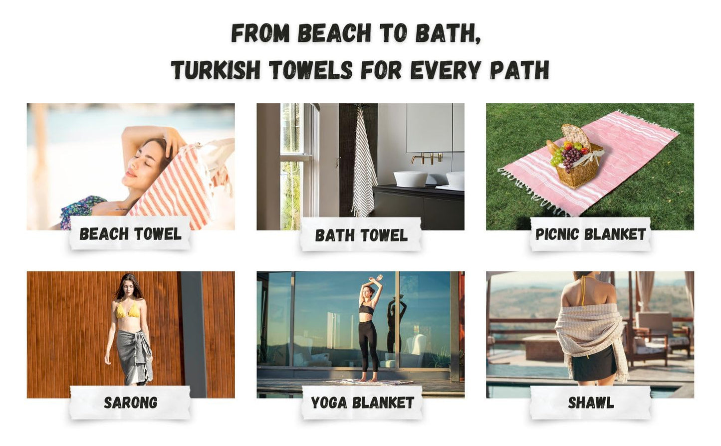 Bazaar Anatolia Turkish Beach Towel – 100% Cotton, Quick Dry, Sand Free Boho Farmhouse Style for Bathroom, Travel, Camping – Oversized 71x39 Inches – Arpa Black