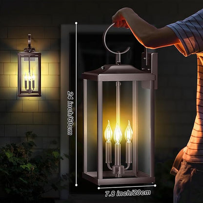 24" Extra Large Dusk to Dawn Outdoor Wall Light, Oil Rubbed Bronze 3-Light Waterproof Exterior Wall Mount Porch Lantern, Modern Outside Wall Sconce Coach Light Brown, E12, 1-Pack