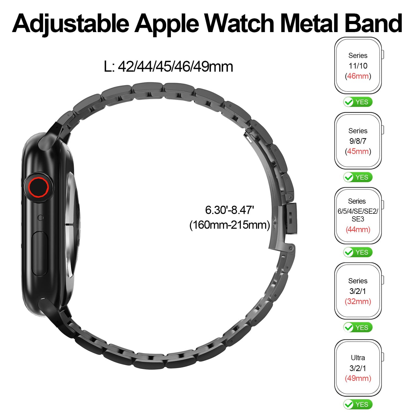 2-Pack Compatible for Apple Watch Band 49mm 46mm 45mm 44mm 42mm,Stainless Steel Replacement Strap Metal Bands for iWatch Ultra 3/2/1 Series 11/10/9/8/7/6/5/4/3/2/1/SE/SE2/SE3 Women Men,Black+Silver