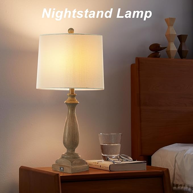 26'' Traditional Table Lamps Set of 2 with USB Charging Port, 3-Way Dimmable Rustic Farmhouse Resin Bedside Lamps for Bedroom, Vintage Nightstand Desk Lamp for Living Room &White Linen Shade