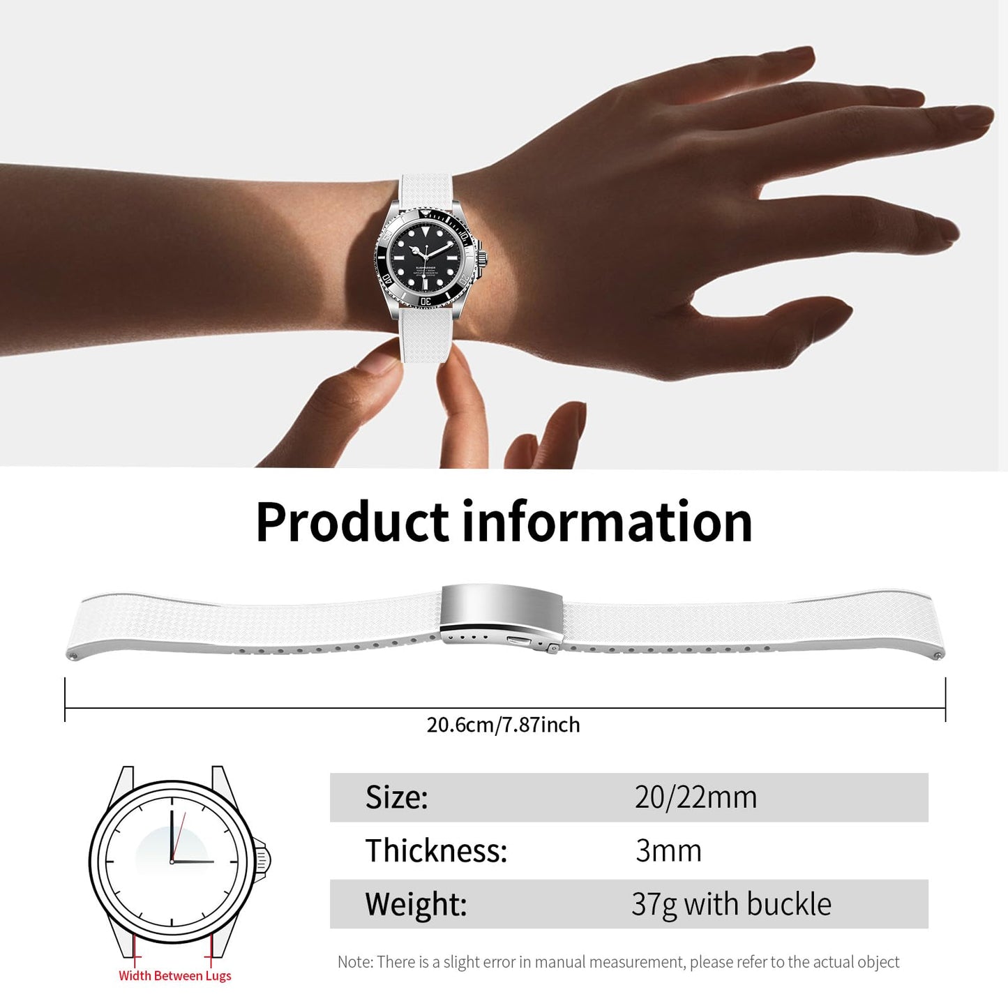 ULLCHRO FKM Rubber Watch Strap, Cut to Size Quick Release Fluororubber Watch Band Soft Replacement Watchband with Silver Milled Clasp for Men Women 18mm 19mm 20mm 21mm 22mm (20mm, White)