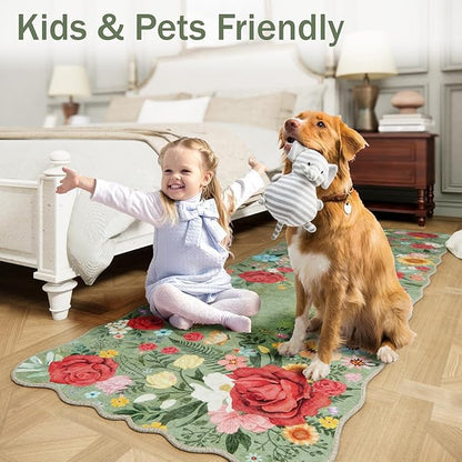 Kitchen Rug Runners for Hallways: 2'6''x8' Washable Runner Rugs for Kitchen Ultra Thin Stain Resistant Non Slip Low Pile Lightweight Vintage Floral Carpet for Laundry Room Decor (Green)