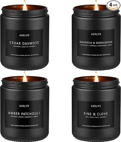 Winter Candle Gift Set for Men – 4 Pack Soy Candles with Cedar Oakmoss, Pine & Clove, Amber Patchouli, Sandalwood – Masculine Scented Candles for Home, Christmas Gift Set for Dad Fathers Day