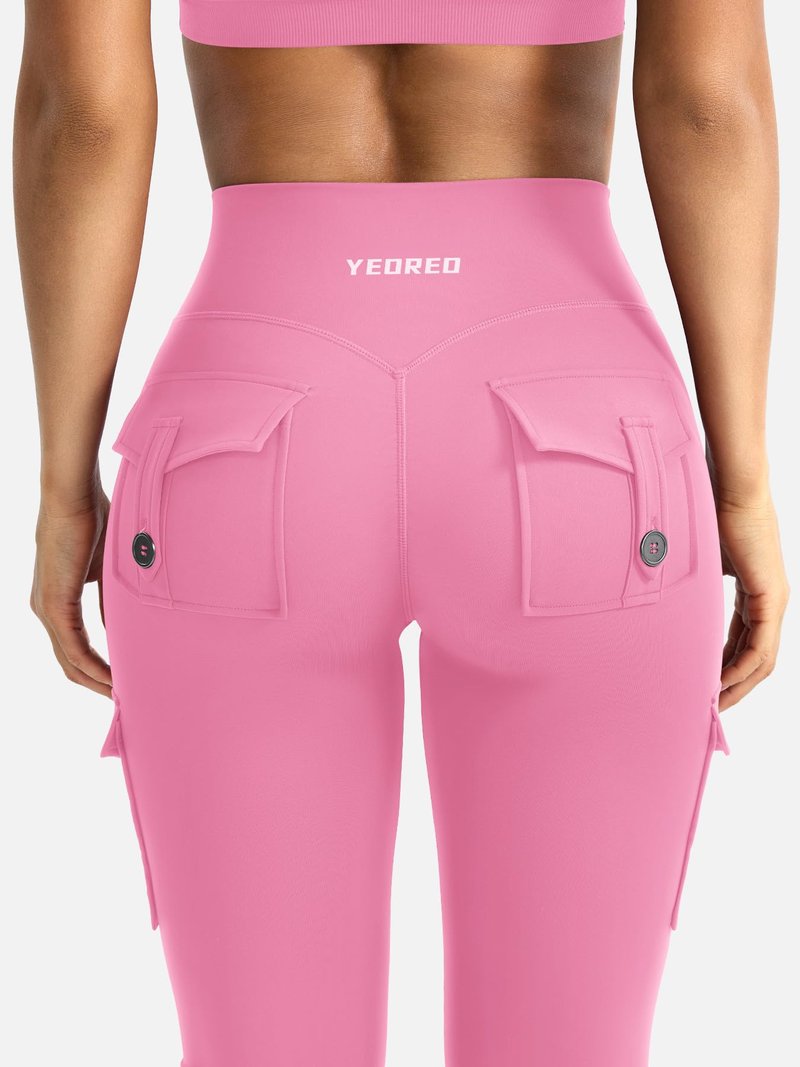 YEOREO CoreFlex Women Workout Flare Leggings with Pockets Hidden Scrunch Cargo Gym Yoga No Front Seam Leggings Pink XXL
