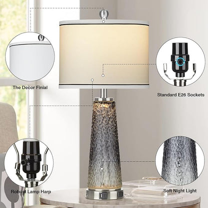 Glass Table Lamp Set of 2, 26" Modern Table Lamps with USB A+C Ports & AC Outlet, Touch Control Bedside Nightstand Lamp with LED Night Light for Living Room Bedroom Home Decor Black(4 Bulbs Included)
