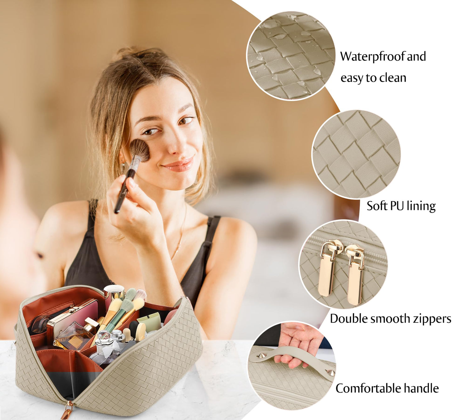 Large Capacity Travel Cosmetic Bag - PU Leather Makeup Organizer Bag Portable Woven Makeup Bags for Women Waterproof Travel Toiletry Bag with Divider Pouch, Khaki