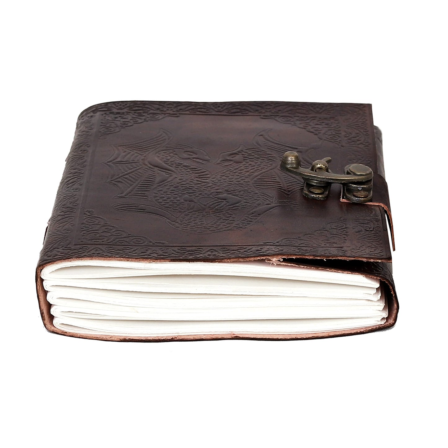 AzureGreen DOUBLE DRAGON Blank Page BOOK Handcrafted Leather Writing Unlined 5 x 7 JOURNAL (MEDIUM, Brown With Claps)